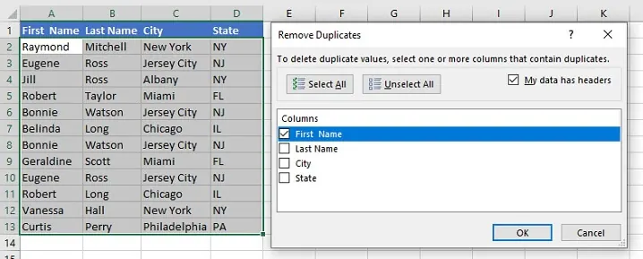 The Remove Duplicates dialog box in Excel