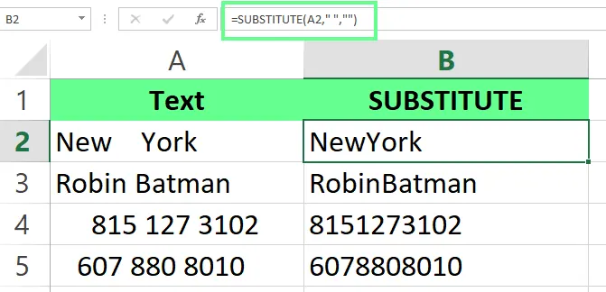 all the spaces are removed using substitute function in excel. 3