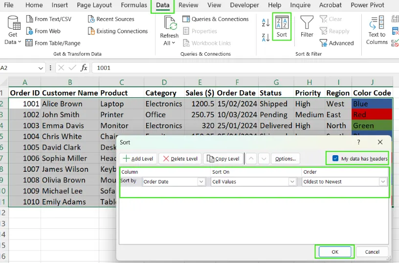 Excel에서 날짜별로 정렬하는 방법. 1