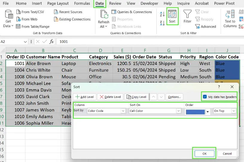 Excel에서 색상별로 정렬하는 방법. 2
