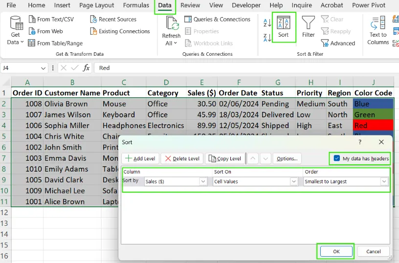 Excel에서 열별로 정렬하는 방법. 3