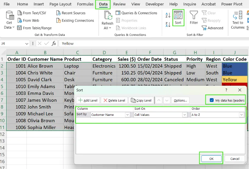 Excel에서 알파벳순으로 정렬하는 방법. 4