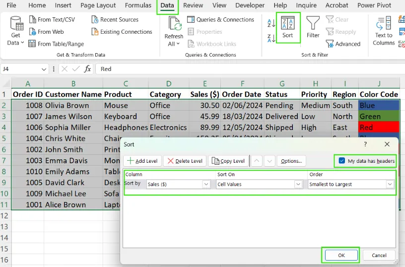 Excel에서 숫자별로 정렬하는 방법. 5