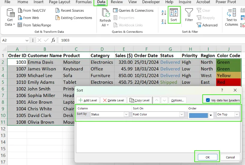 Excel에서 글꼴 색상별로 정렬하기. 7