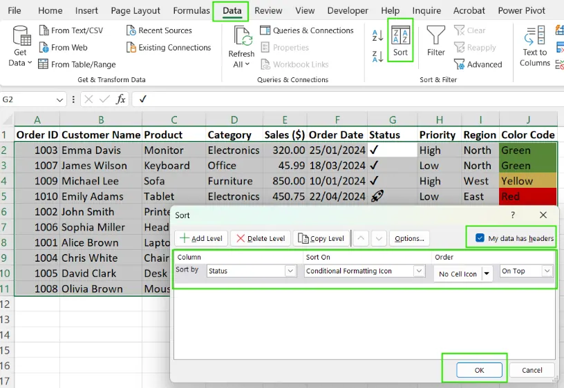 Excel에서 아이콘별로 정렬하기. 8