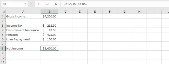 Subtracting a range using SUM in Excel