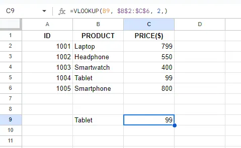 VLOOKUPを使用して製品の価格をExcelで取得 4