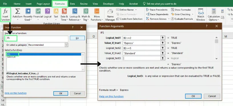 apply IFS() function using the formula wizard in Excel. 1