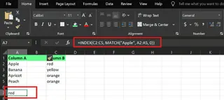在 A 和 B 欄之間插入欄位後的 INDEX MATCH 結果。5