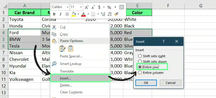 Insertando nuevas filas usando la opción de insertar en Excel. 1