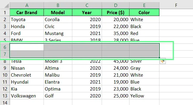 Nuevas filas son agregadas usando las teclas de atajo en Excel. 3