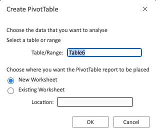 Create PivotTable dialog in Excel Create PivotTable dialog in Excel