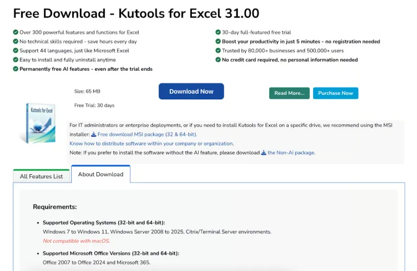 Kutools for Excel download page with system requirements 2