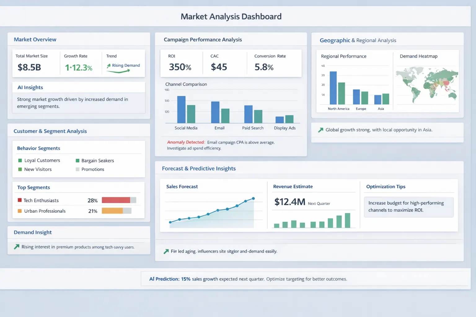 tableau de bord IA d'analyse de marché