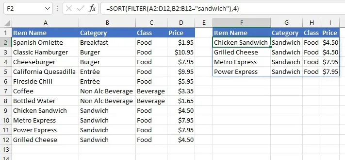 A nested SORT and FILTER formula in Excel, showing a filtered and sorted list of sandwiches by price.
