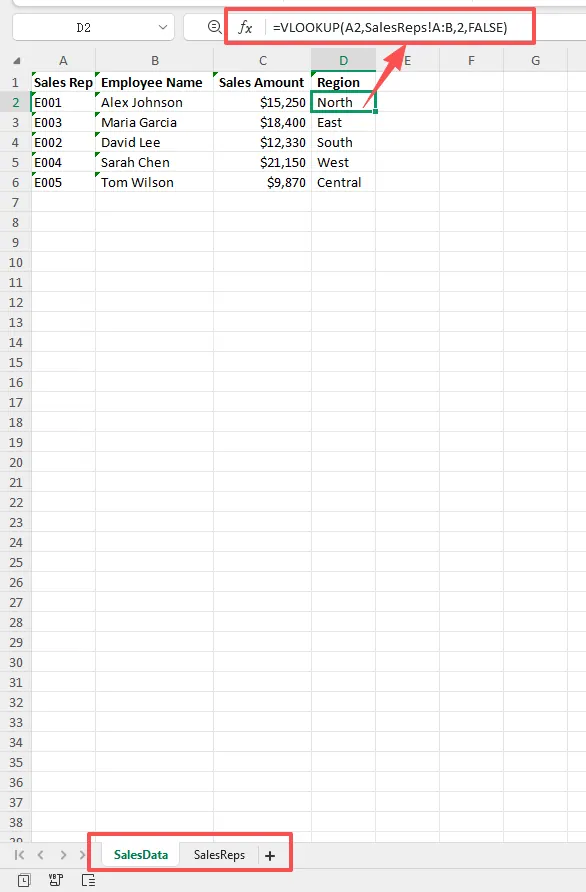 Excel에서 VLOOKUP 작동 방식을 보여주는 다이어그램