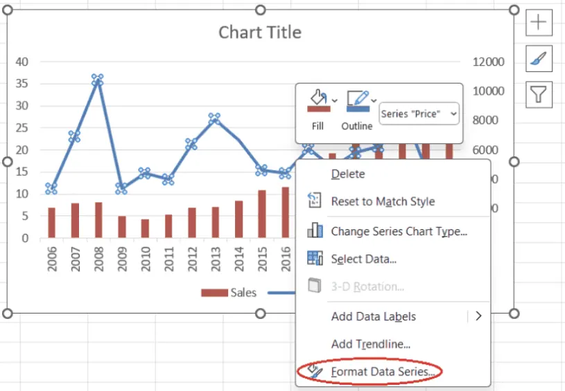Abriendo el panel para formatear series de datos en un gráfico en Excel 12