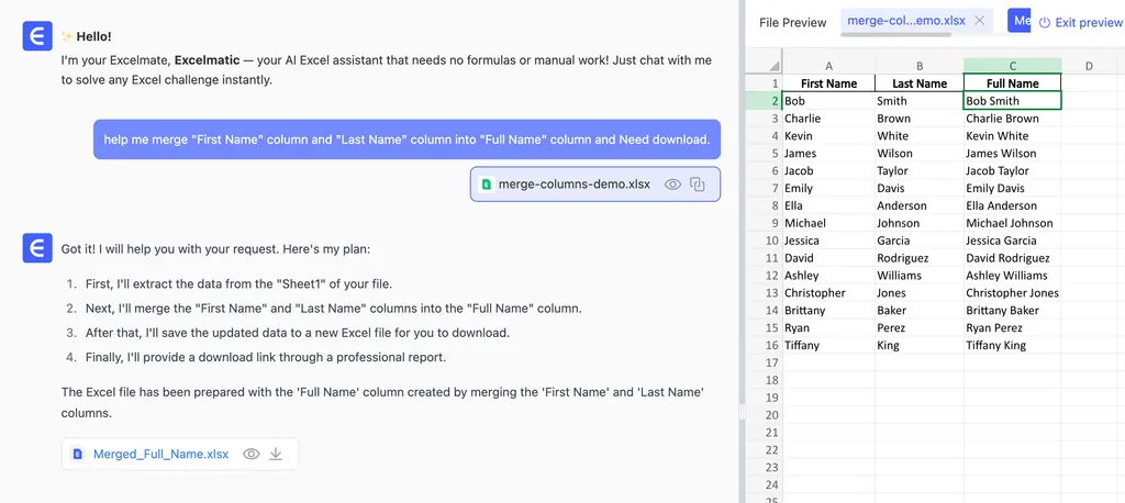 Excel AI를 사용하여 Excel에서 두 열 병합하기