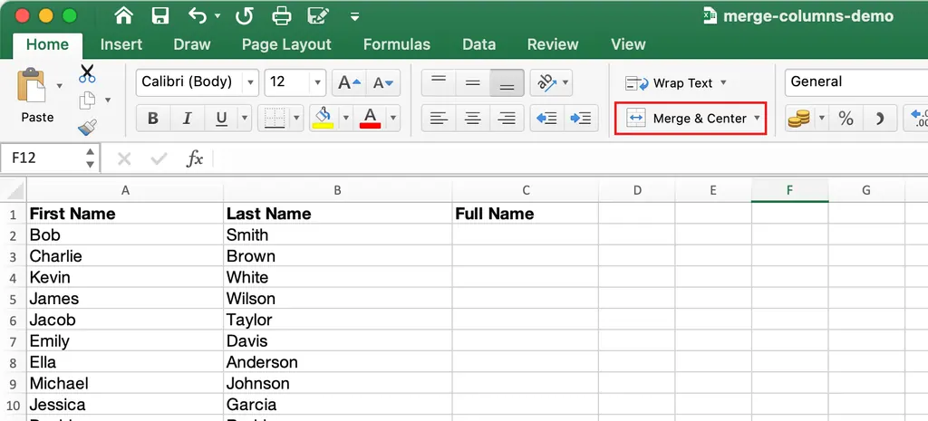 데이터 열에는 "병합 및 가운데 맞춤" 피하기