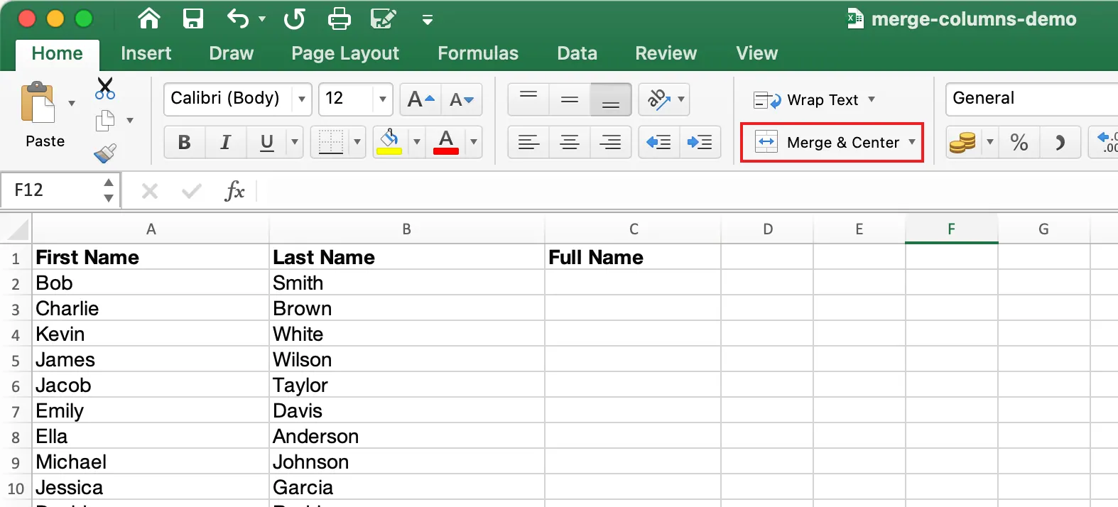 데이터 열에는 "병합 및 가운데 맞춤" 피하기