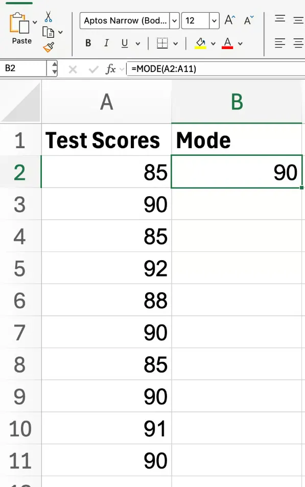 Mode function in Excel basic example 1