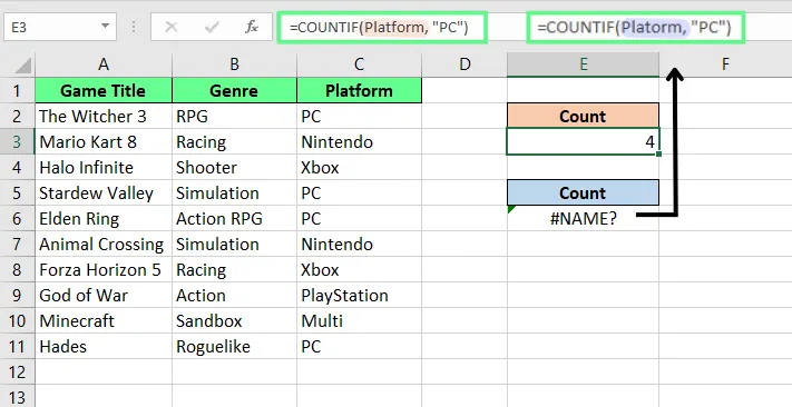 Falscher benannter Bereich verursacht #NAME?-Fehler in Excel. 3