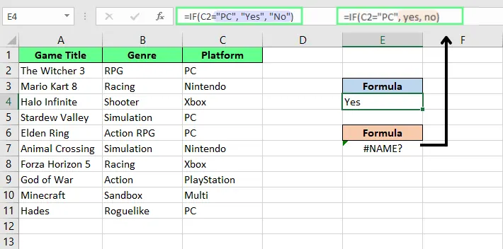 Fehlende doppelte Anführungszeichen in Formeln um Text verursachen #NAME?-Fehler in Excel. 5