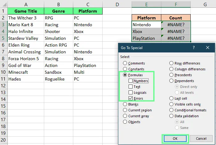 Markieren Sie Fehler mit dem "Inhalte auswählen"-Tool in Excel. 8