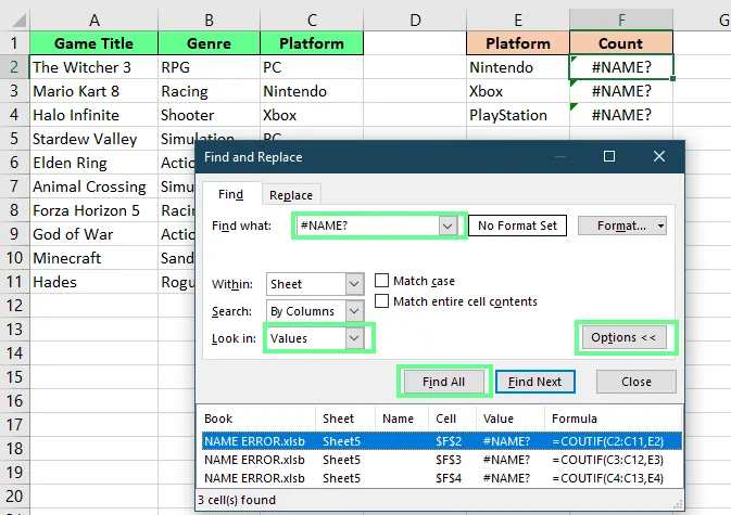 Finden Sie den #NAME?-Fehler mit dem Suchen und Ersetzen-Tool in Excel. 9