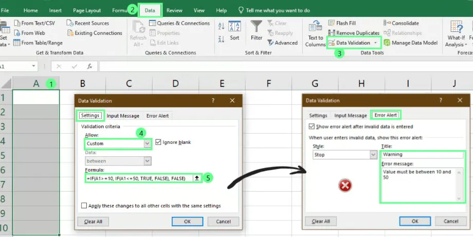 Validating data using nested IF in excel. 2