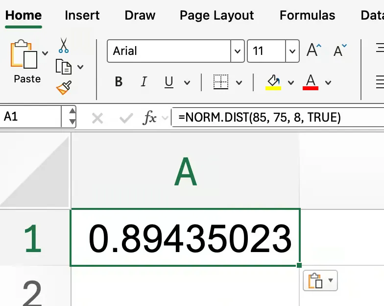 Função NORM.DIST() no Excel com TRUE 2