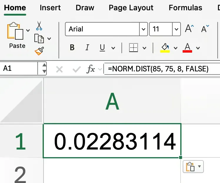 Função NORM.DIST() no Excel com FALSE 3