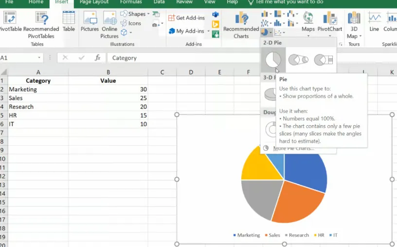 Creaeting an Excel pie chart 2