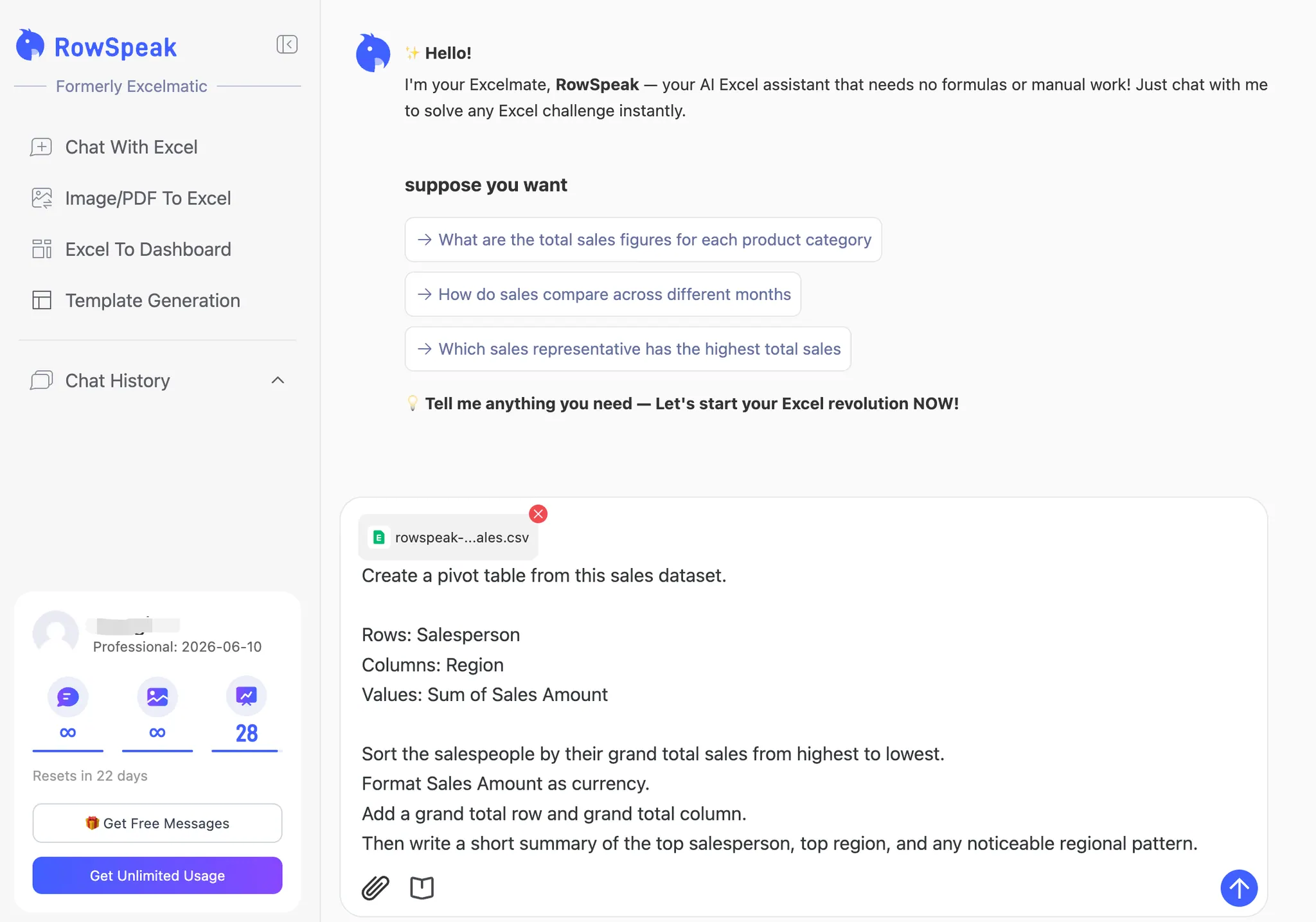 Hochladen der Demo-Verkaufs-CSV in RowSpeak mit einem Pivot-Tabellen-Prompt