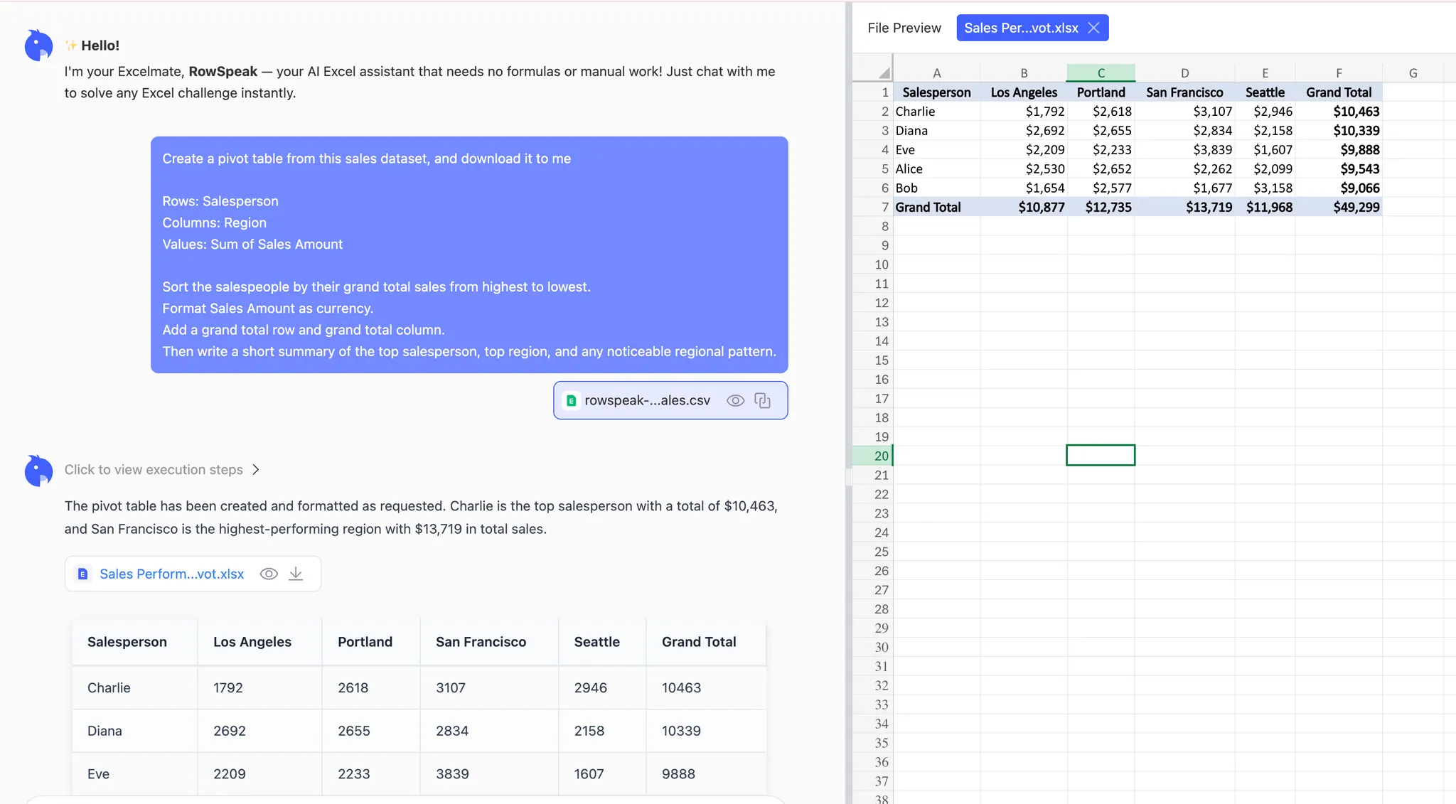 RowSpeak erstellt die angeforderte Pivot-Tabelle und zeigt eine Vorschau der Excel-Ausgabe
