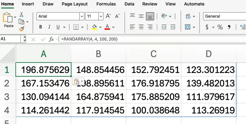 RANDARRAY() function in Excel for a grid of numbers 4