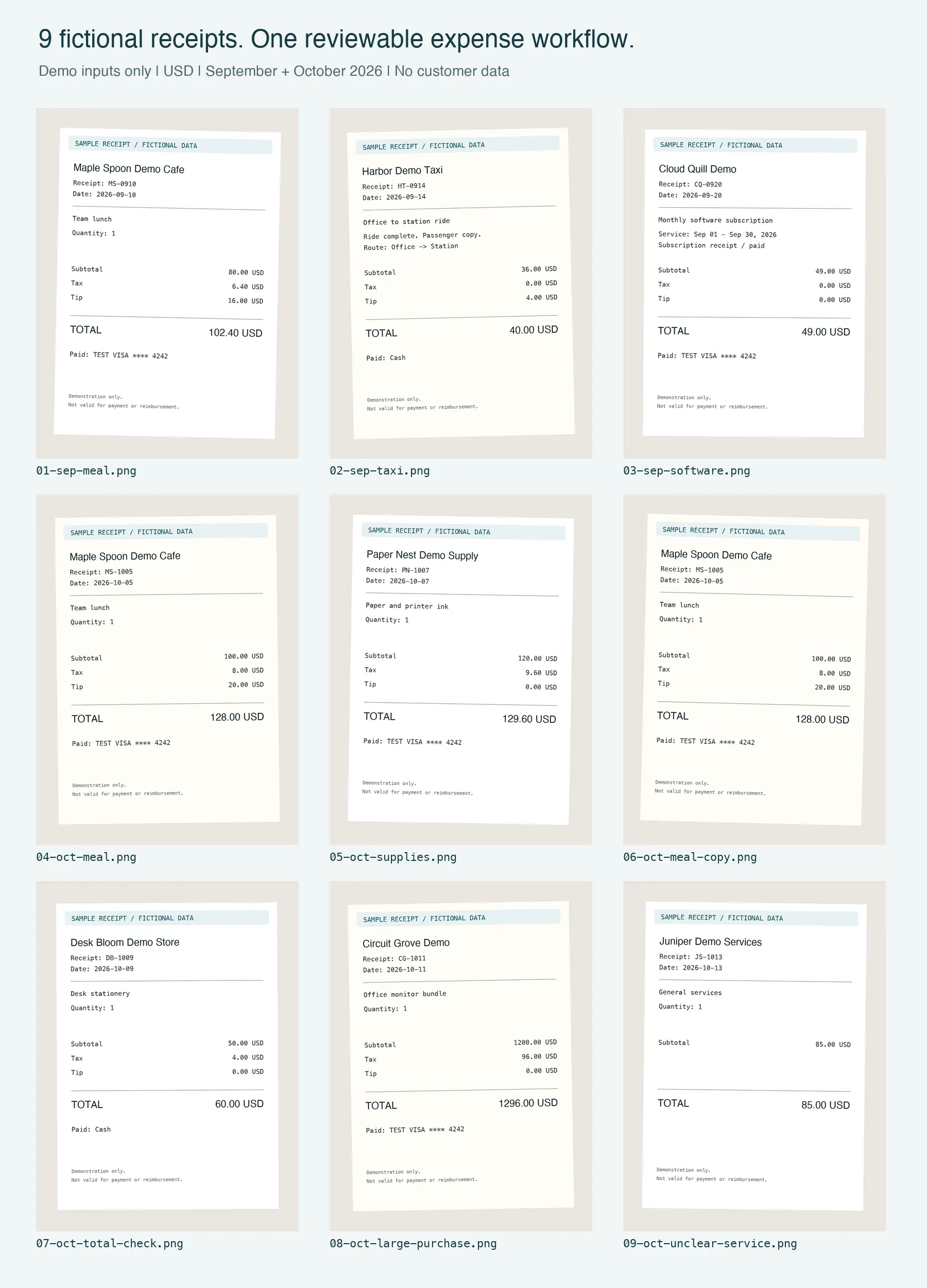 Neun fiktive Belegeingaben für Mahlzeiten, Taxifahrten, Software, Bürobedarf und Prüfungsfälle
