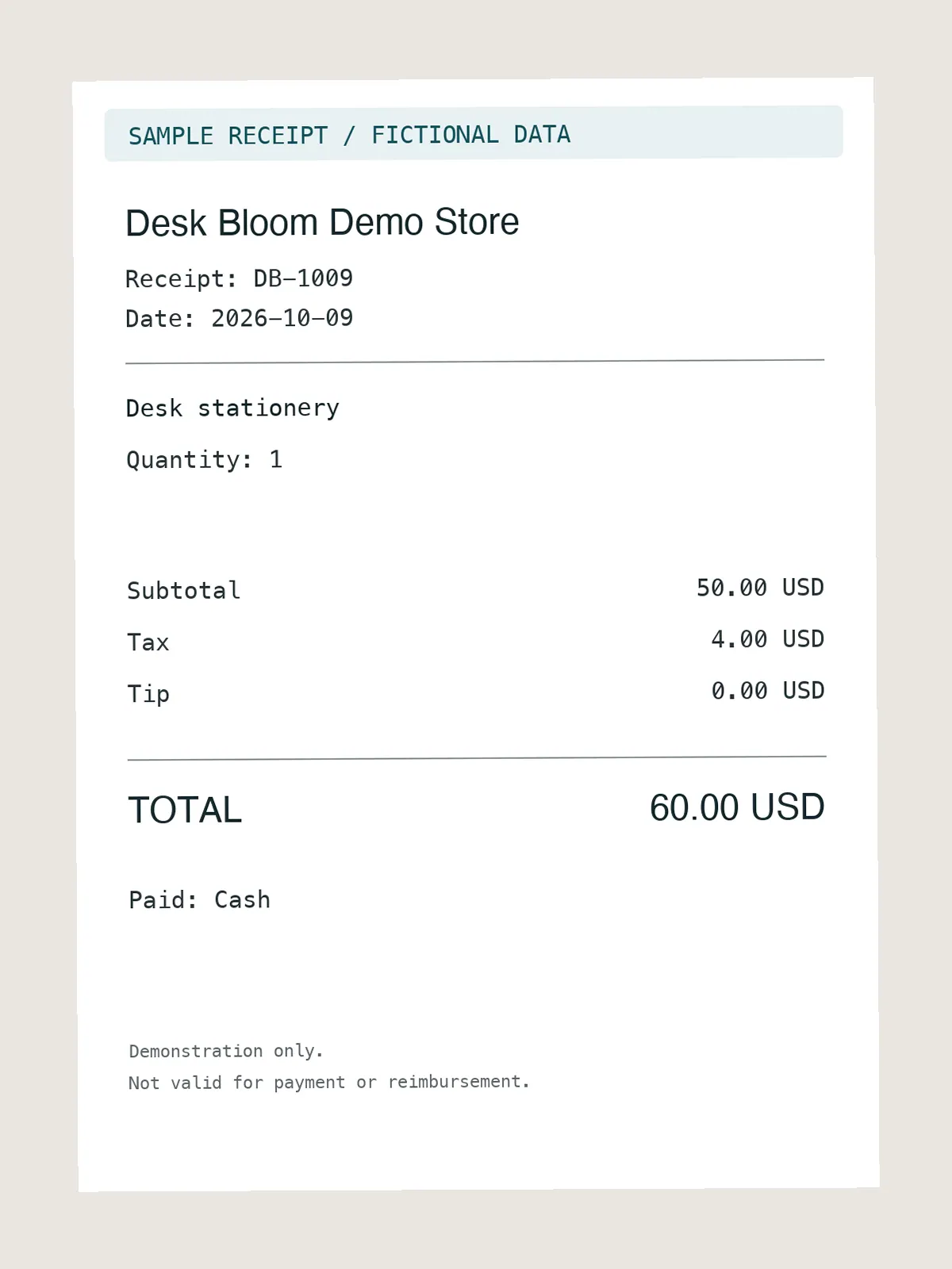 Fiktiver Beleg mit Zwischensumme 50 USD, Steuer 4 USD, Trinkgeld null und gedrucktem Gesamtbetrag 60 USD