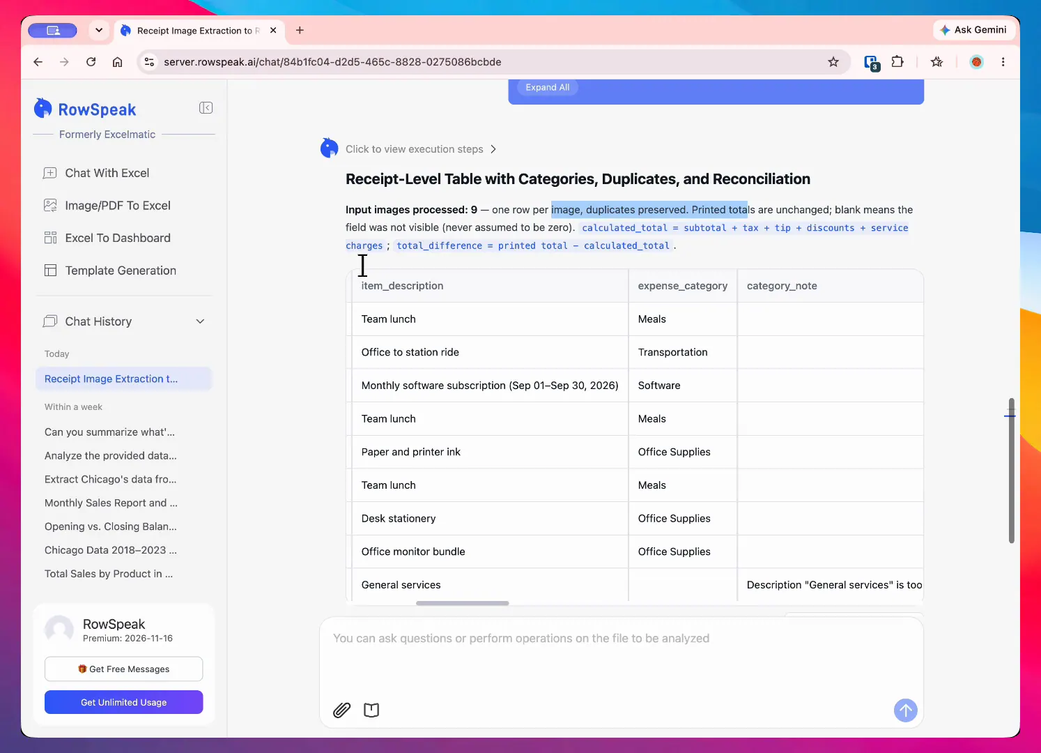 RowSpeak-Kategorieprüfung mit Mahlzeiten, Transport, Software, Bürobedarf und einer unsicheren Zeile für allgemeine Dienstleistungen
