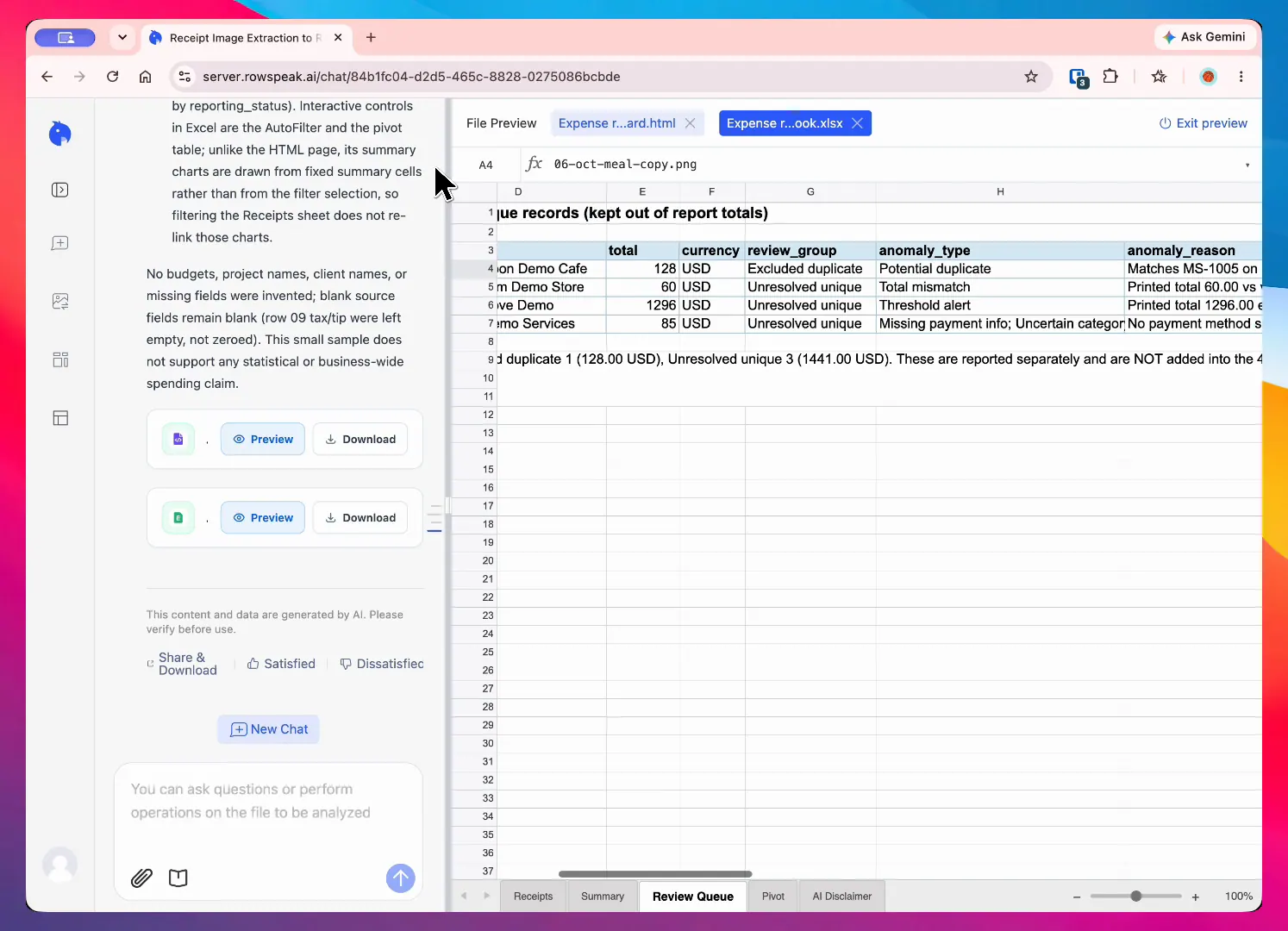 Aufgezeichneter RowSpeak-Excel-Arbeitsmappenexport mit Spalten für Prüfstatus und Berichtsstatus