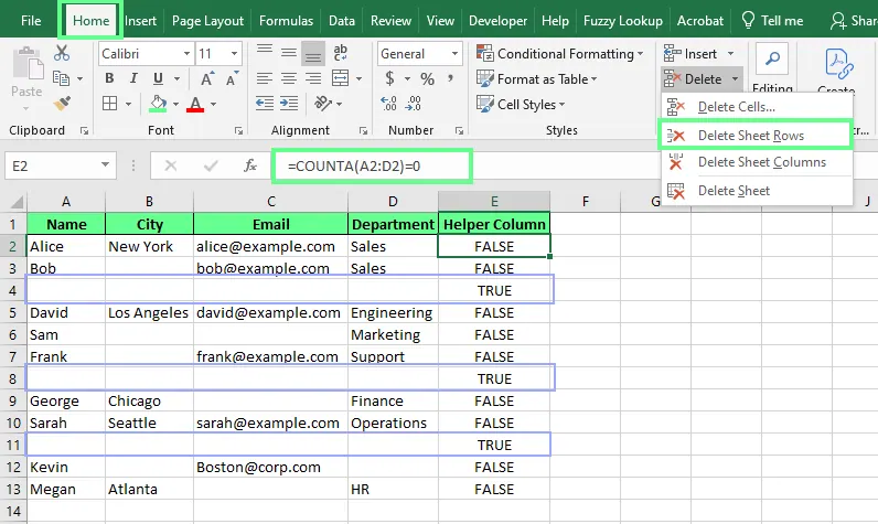 Deleting entire blank rows using the COUNTA() function in Excel. 2