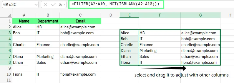 Deleting the blank rows with FILTER() formula in Excel. 3