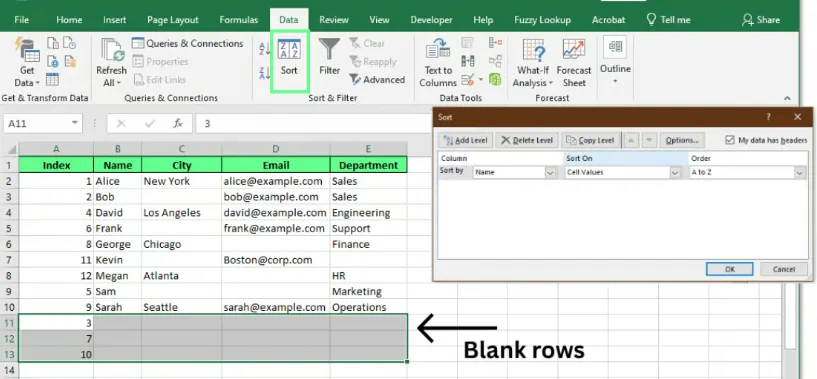 Using sort to move blank rows to the bottom for easy deletion. 4