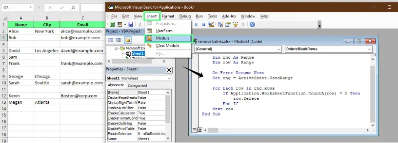 Deleting entire blank rows using VBA editor in Excel. 5