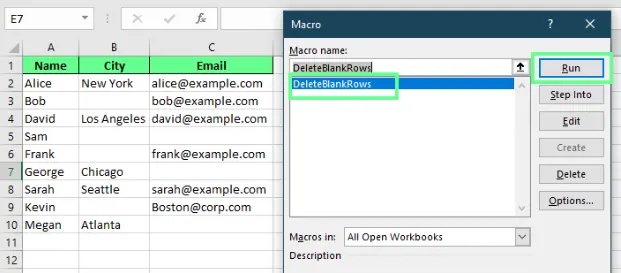 Running the macro to remove the blank rows in Excel. 6