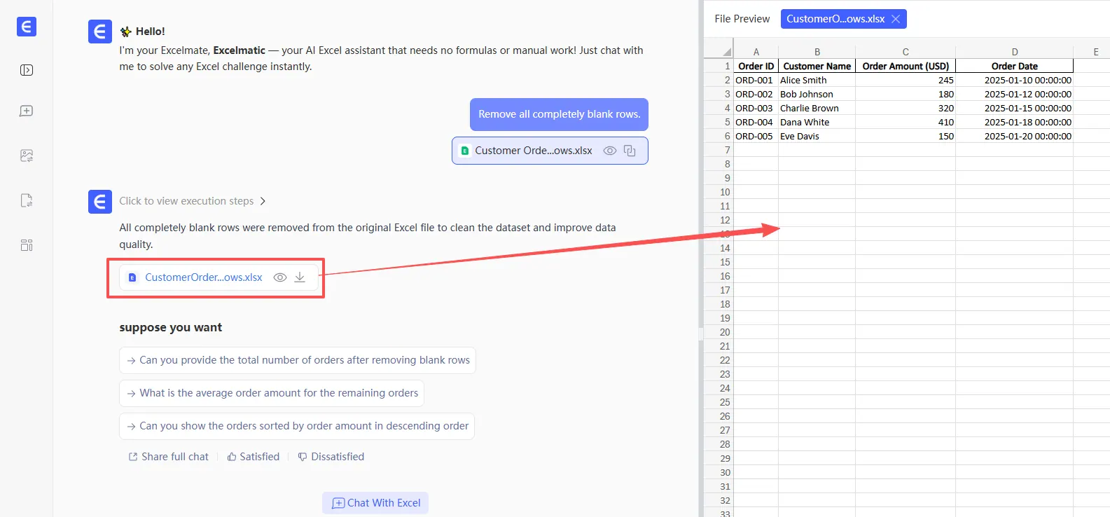 Using an AI agent like RowSpeak to remove blank rows with a simple command. 1