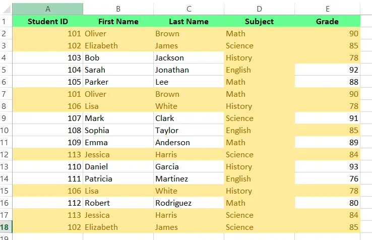 강조 표시된 중복 항목이 있는 데이터 3