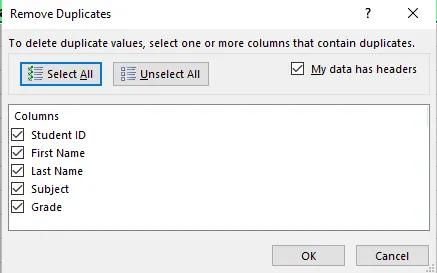 중복 항목 제거 대화 상자 6