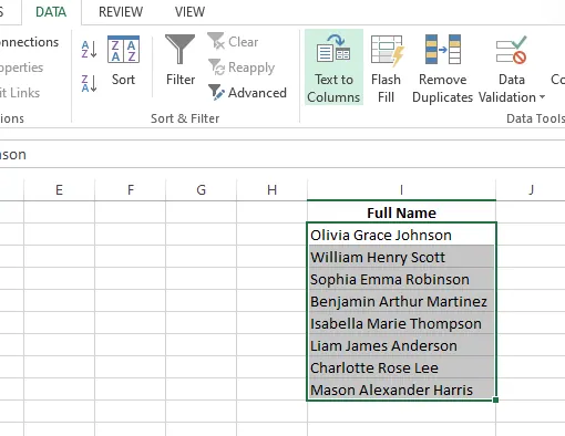 Selecting the Excel Text to Columns option 1