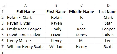 Split names into first, middle, and last names when names in Excel 11